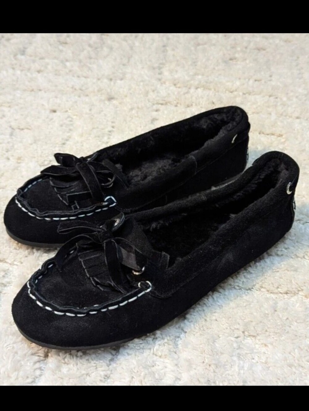 SPERRY Top Sider Black Leather Upper, Faux Fur  Suede Moccasin Slippers with Bow